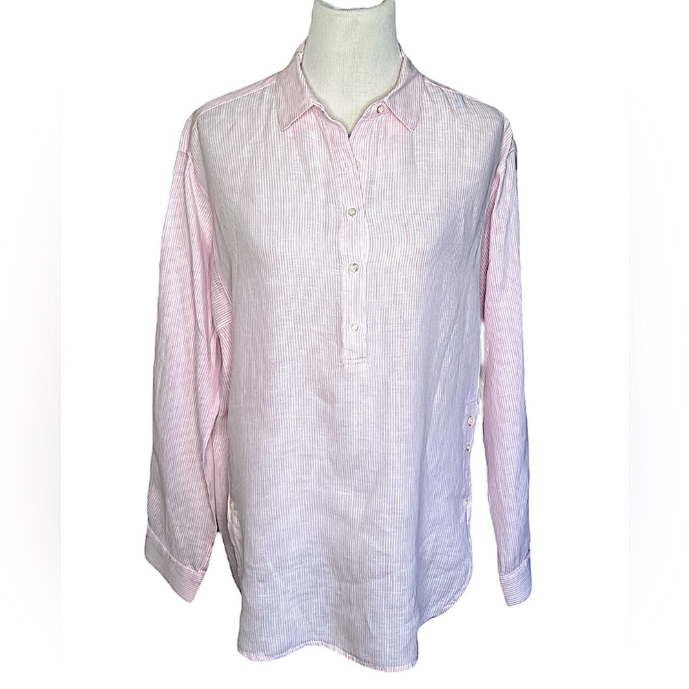J. McLaughlin Fallon Linen Tunic Top Pink White Stripe Classic Comfort Sz LG